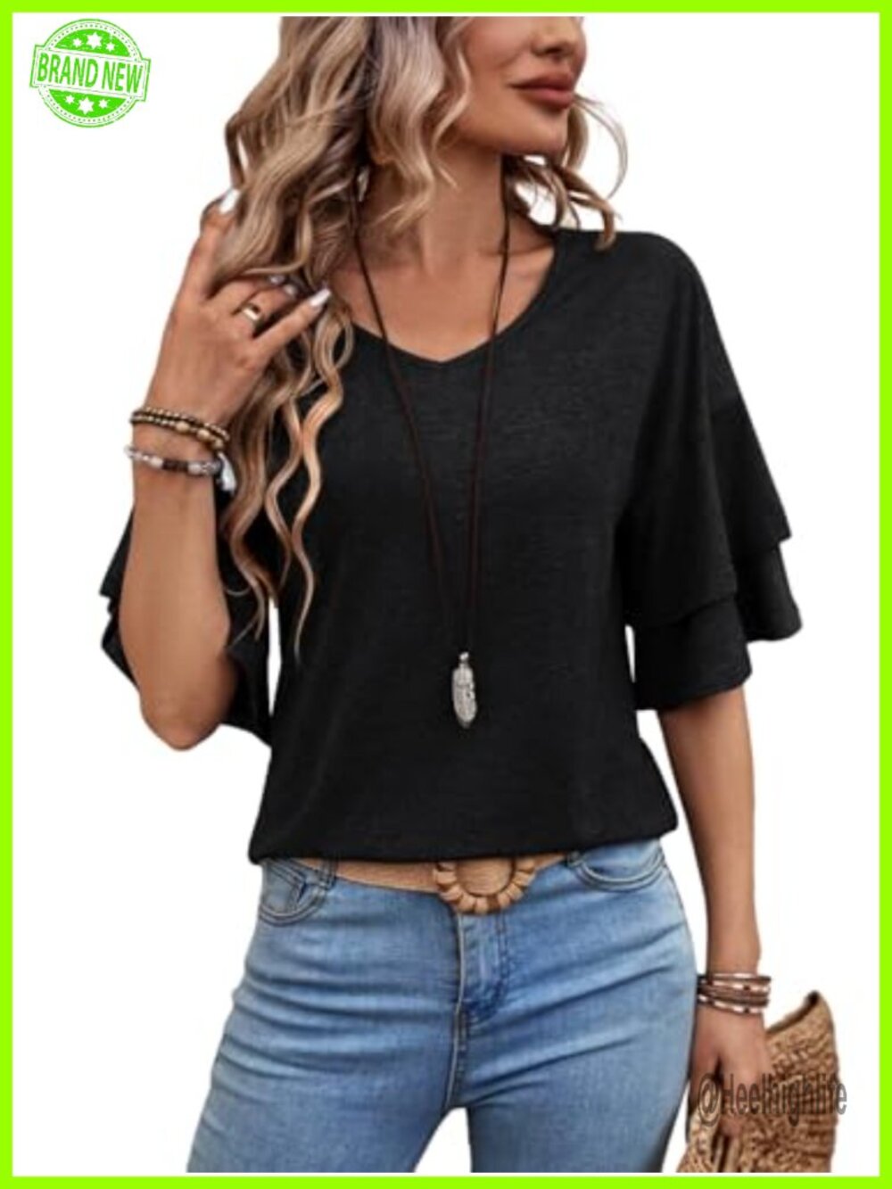 Womens Ruffle 3/4 Sleeve V Neck Blouse Dressy Casual Top